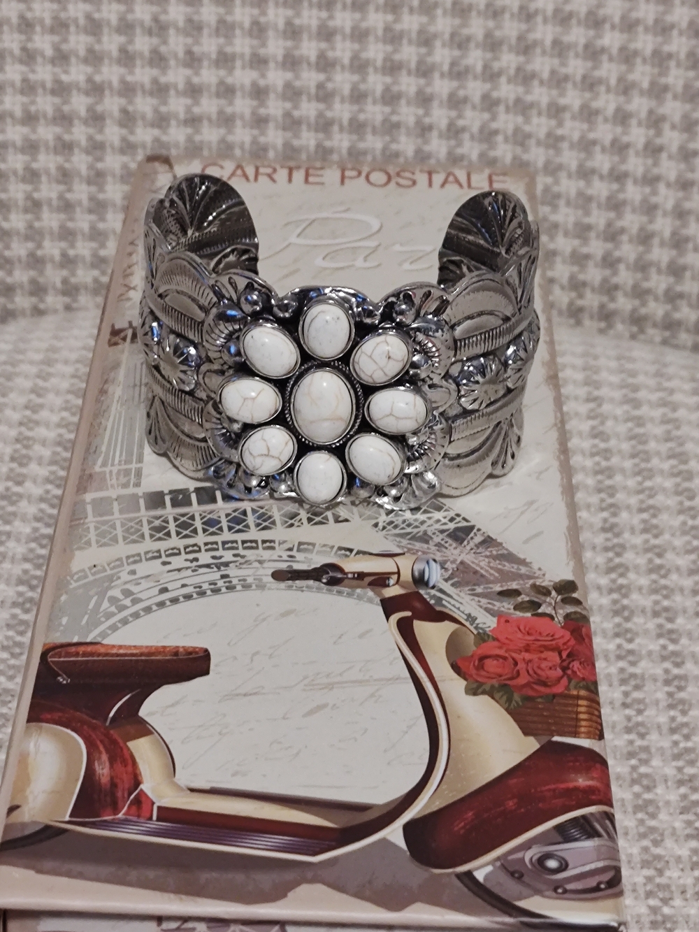 White Stone Flower Cuff Bracelet - Silver Tone - Picture 1 of 6